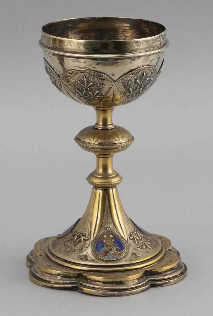 19th Century French 950 Silver Gilt and Enamel Signed Chalice Ciborium Cup - 3