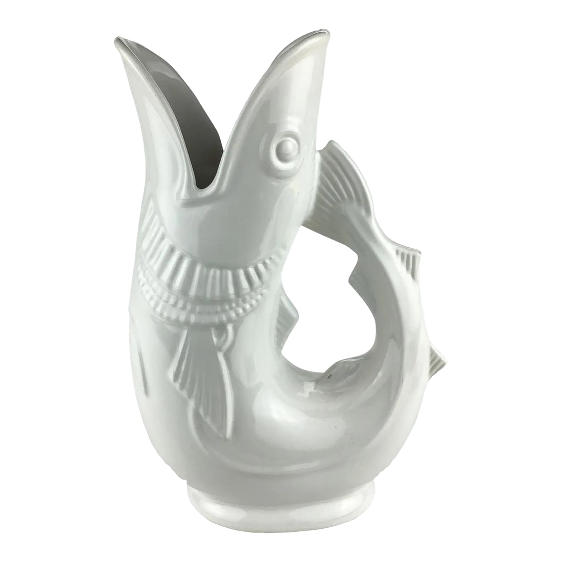 White Pottery Gurgling Cod by Shreveport Crump & Low Boston: Made in Massachusetts for Shreve, this beautiful white cod can be used for water, wine, flowers or simply alone with nothing inside. These ceramic porcelains are made to "Gurgle" when pouring liquid.