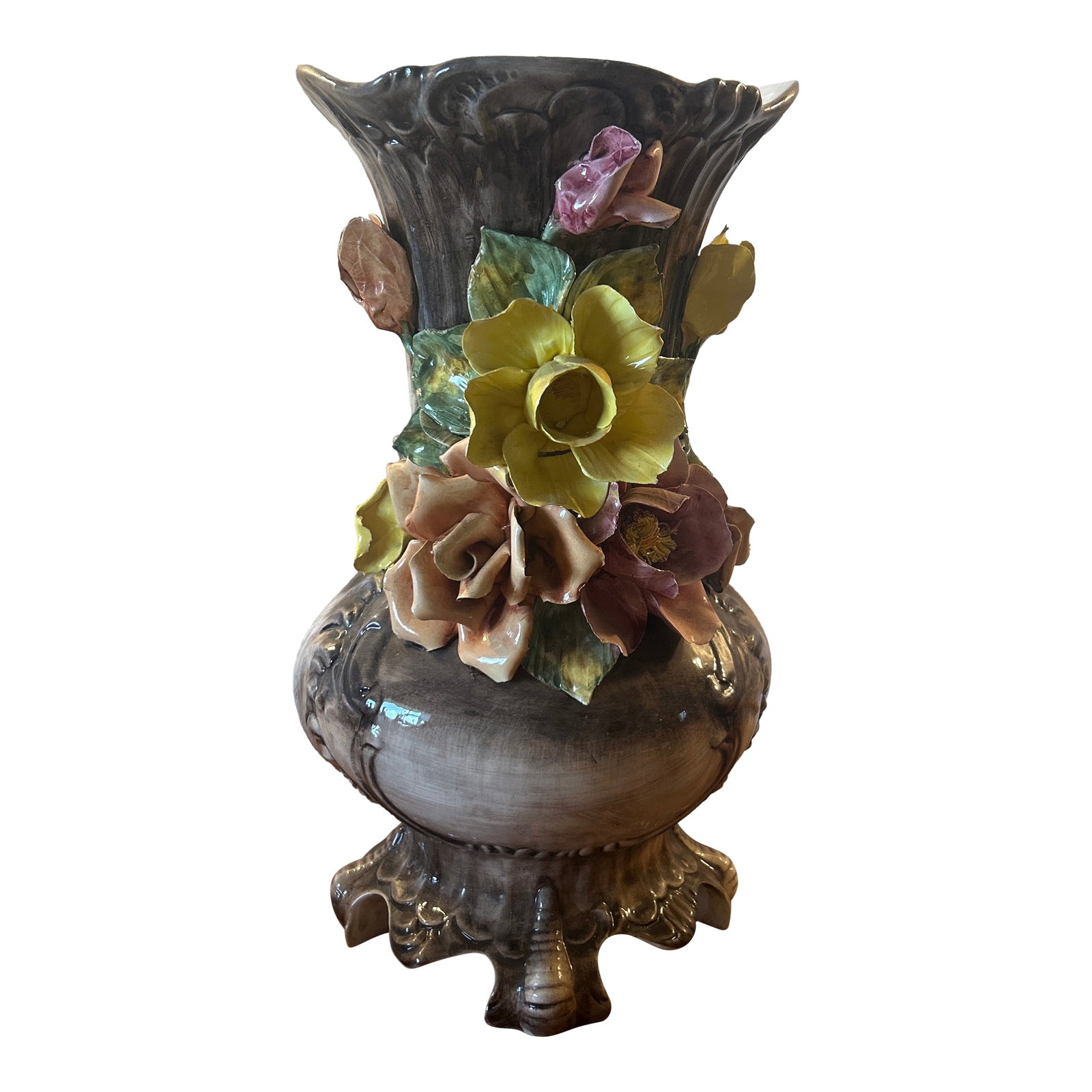 Tall Vintage Capodimonte Porcelain Floral Vase, Made in Italy: Large Capodimonte Porcelain Floral vase Made in Italy. Vintage hand painted colorful flower vase perfect statement piece for your table excellent condition Condition: Alterations: Original Condition U