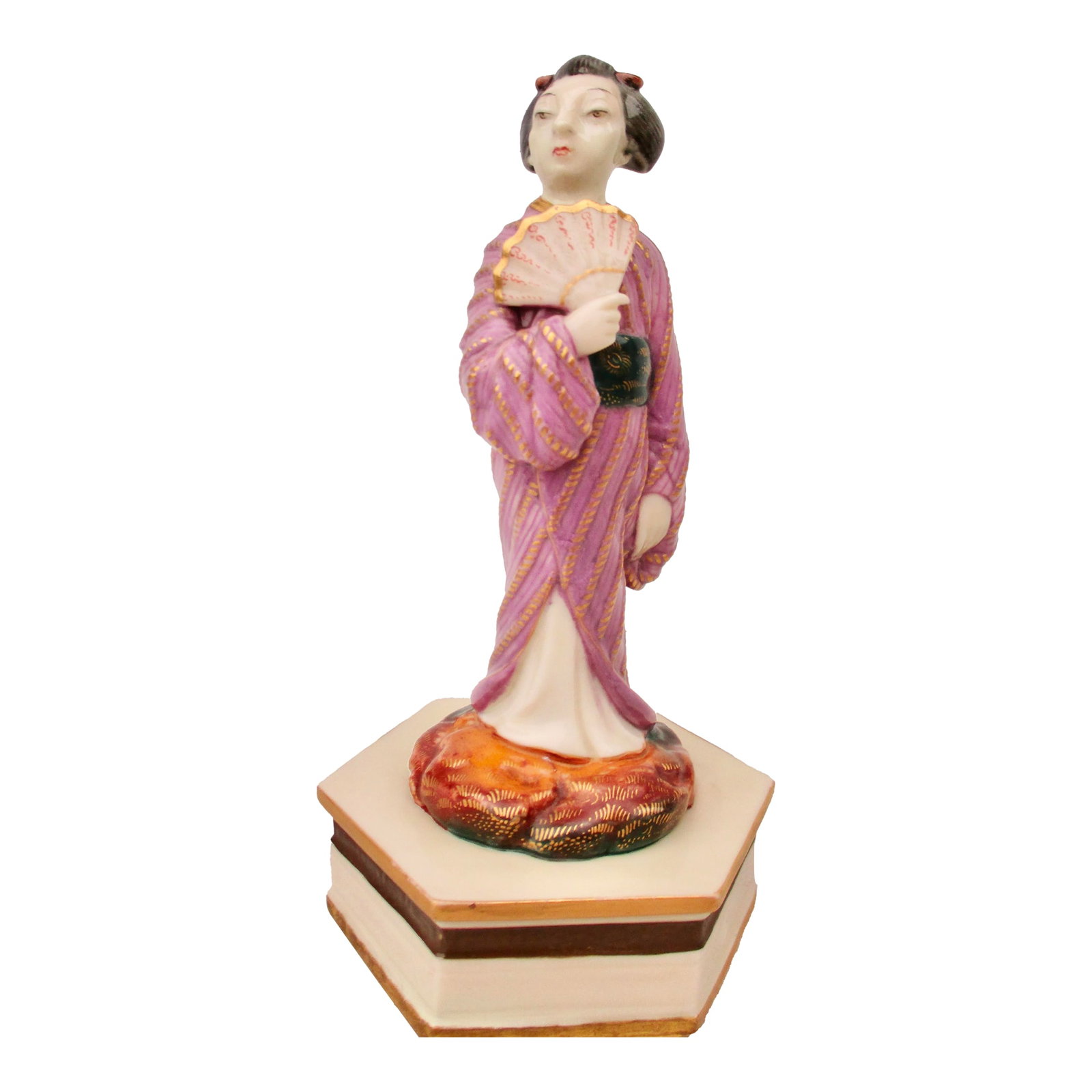 19th Century Royal Worcester Geisha Dated 1874: 19th Century Royal Worcester Geisha dated 1874. A figure from a series of Japanese Noh figural subjects. Theatrical and dramatically striking a pose to flesh out the roles. Finely hand-painted with