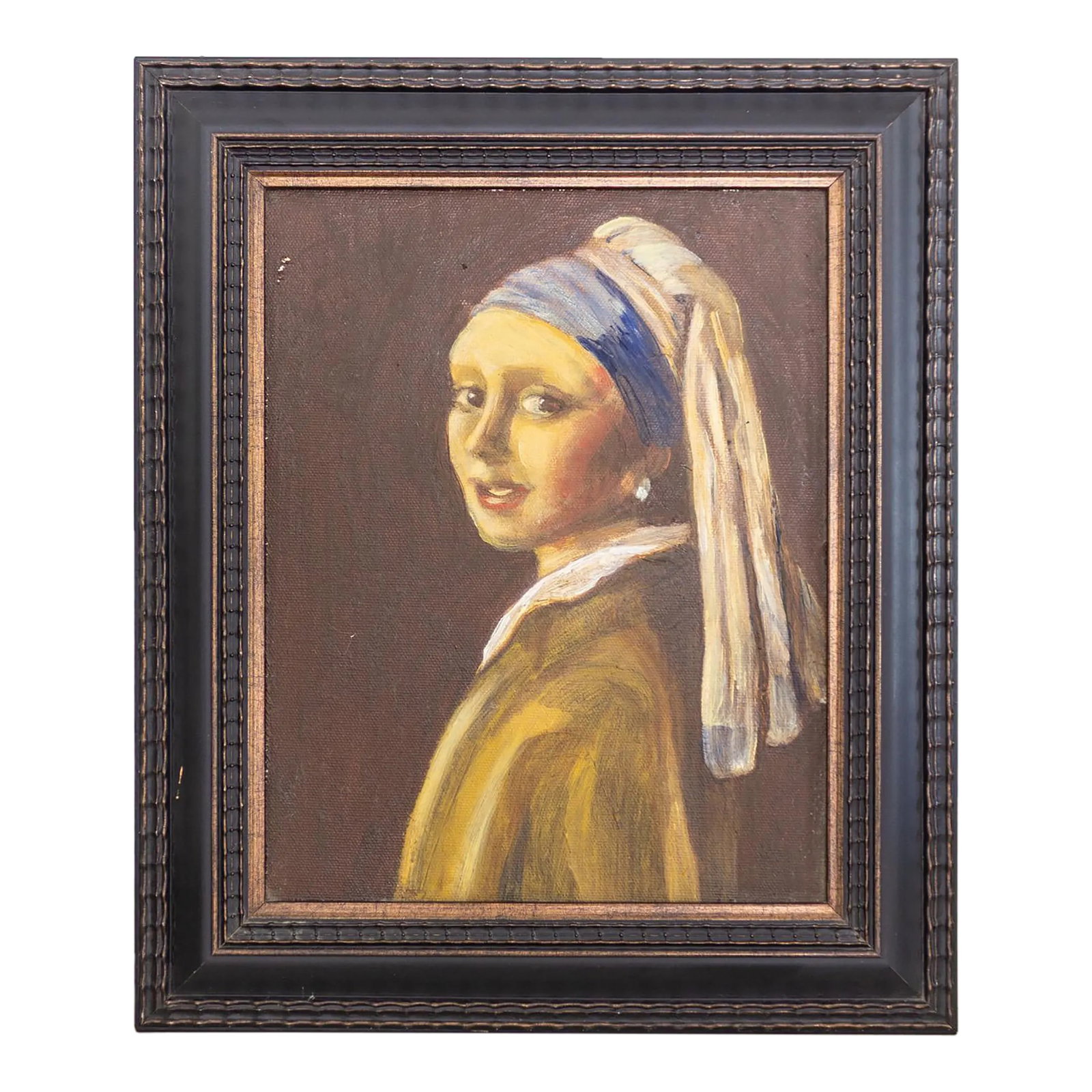 Portrait Oil Painting Girl With a Pearl Earring After Johannes Vermeer: An artist's study after Johannes Vermeer's 1665 painting 'Girl with a Pearl Earring'. This portrait depicts a woman poised in profile, gazing towards the viewer. It is signed by the artist 'Sam' in