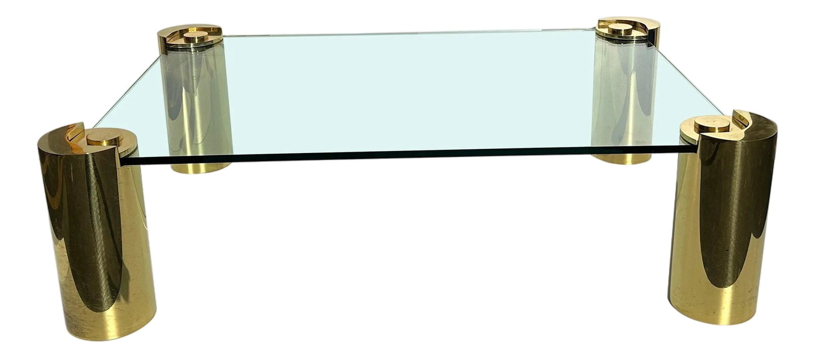 Signed Karl Springer Tubular Brass Coffee Table: Signed Karl Springer tubular brass coffee table with rectangular 3/4" thick glass. Each brass cylinder is 8" diameter by 20" high. Only glass is 40" x 60" x 3/4" thick. Overall dimensions are 44" x