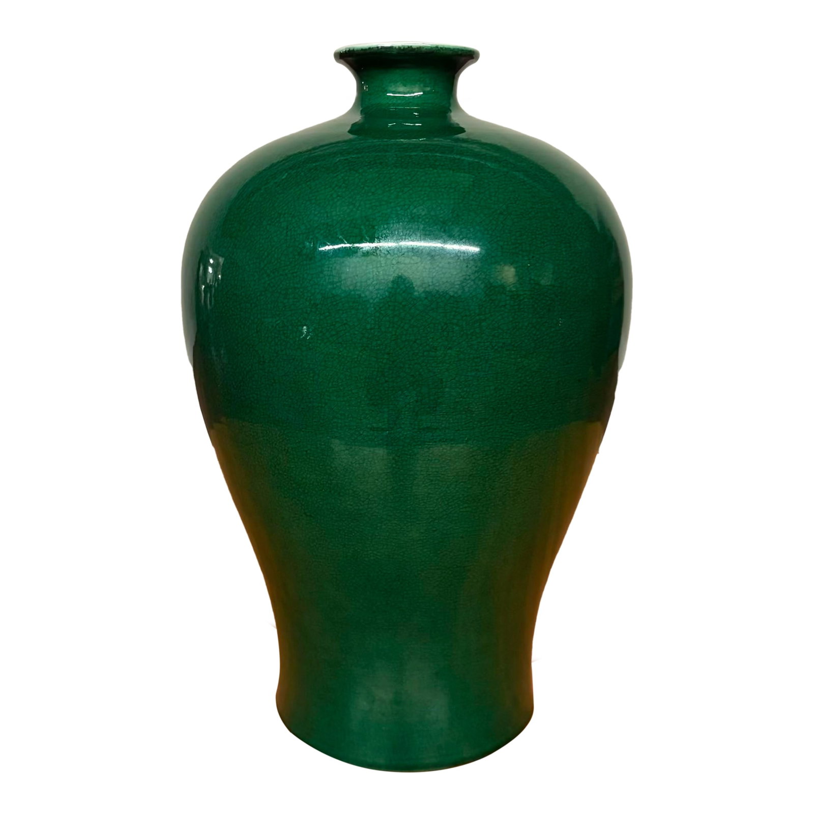 Vintage Green Crackle Glaze Meiping Vase: Add timeless elegance to your space with this striking green porcelain meiping vase. With its broad shoulders, gently tapering body, and narrow flared rim, this classic silhouette was originally