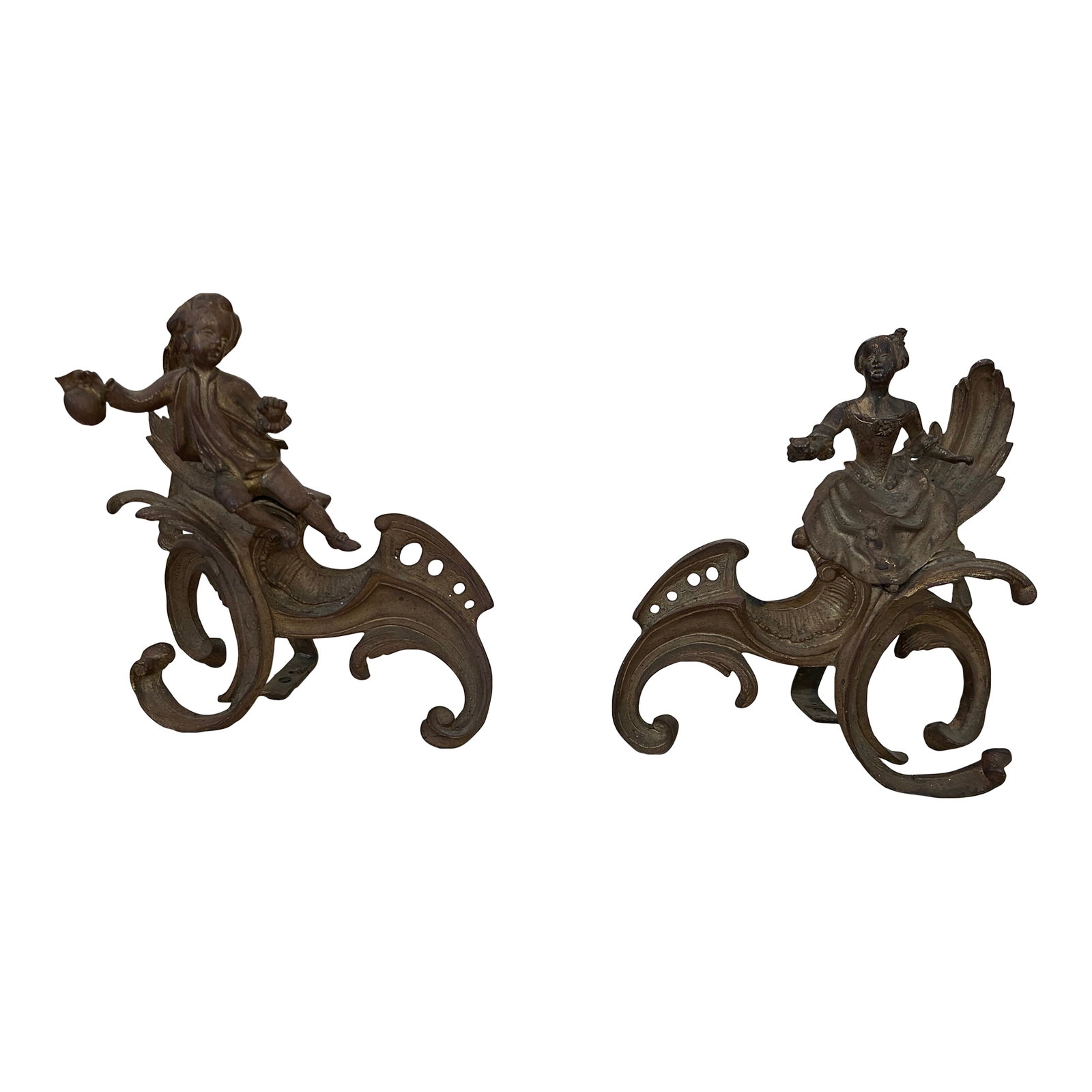 Small Antique Figural Fireplace Andirons- A Pair: Lovely antique brass figural andirons having a male and female in wonderful poses. Condition: Alterations: Original Condition Unaltered Imperfections: Some Imperfections Condition Notes: Age appropria