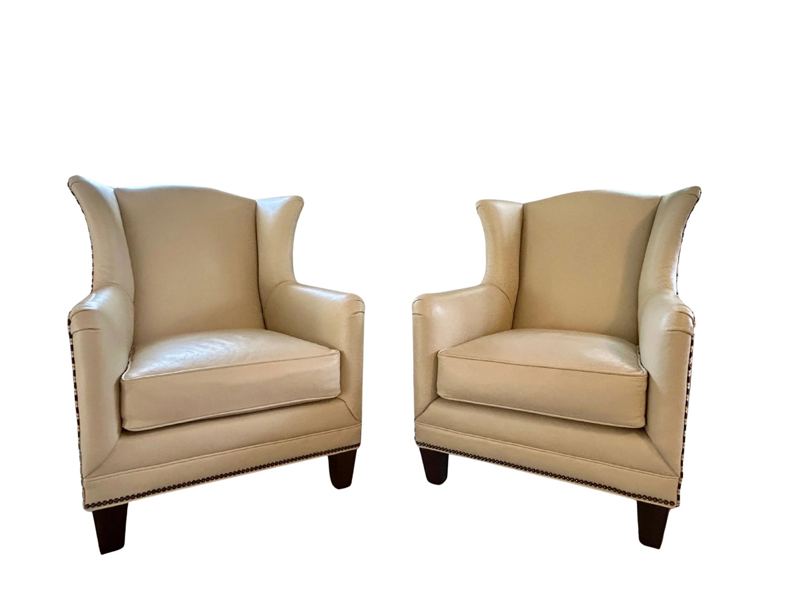 Pair Vintage Henredon Wingback Chairs – Ivory Leather, Geometric Pattern, Nailhead Trim (1 of 18)