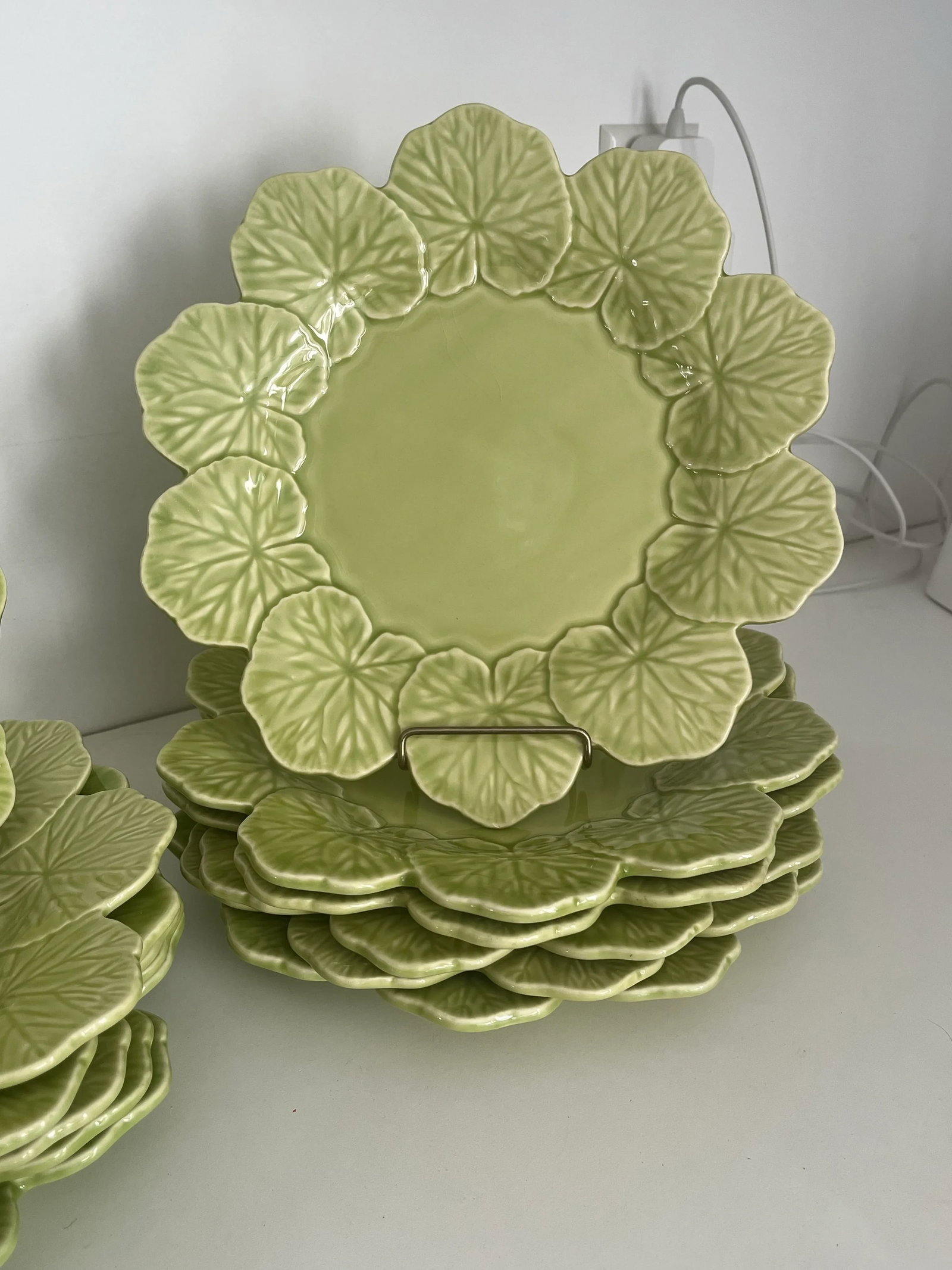 Bordallo Pinheiro Avocado Green Portuguese Majolica Dessert Plates- Set of 12 - 6