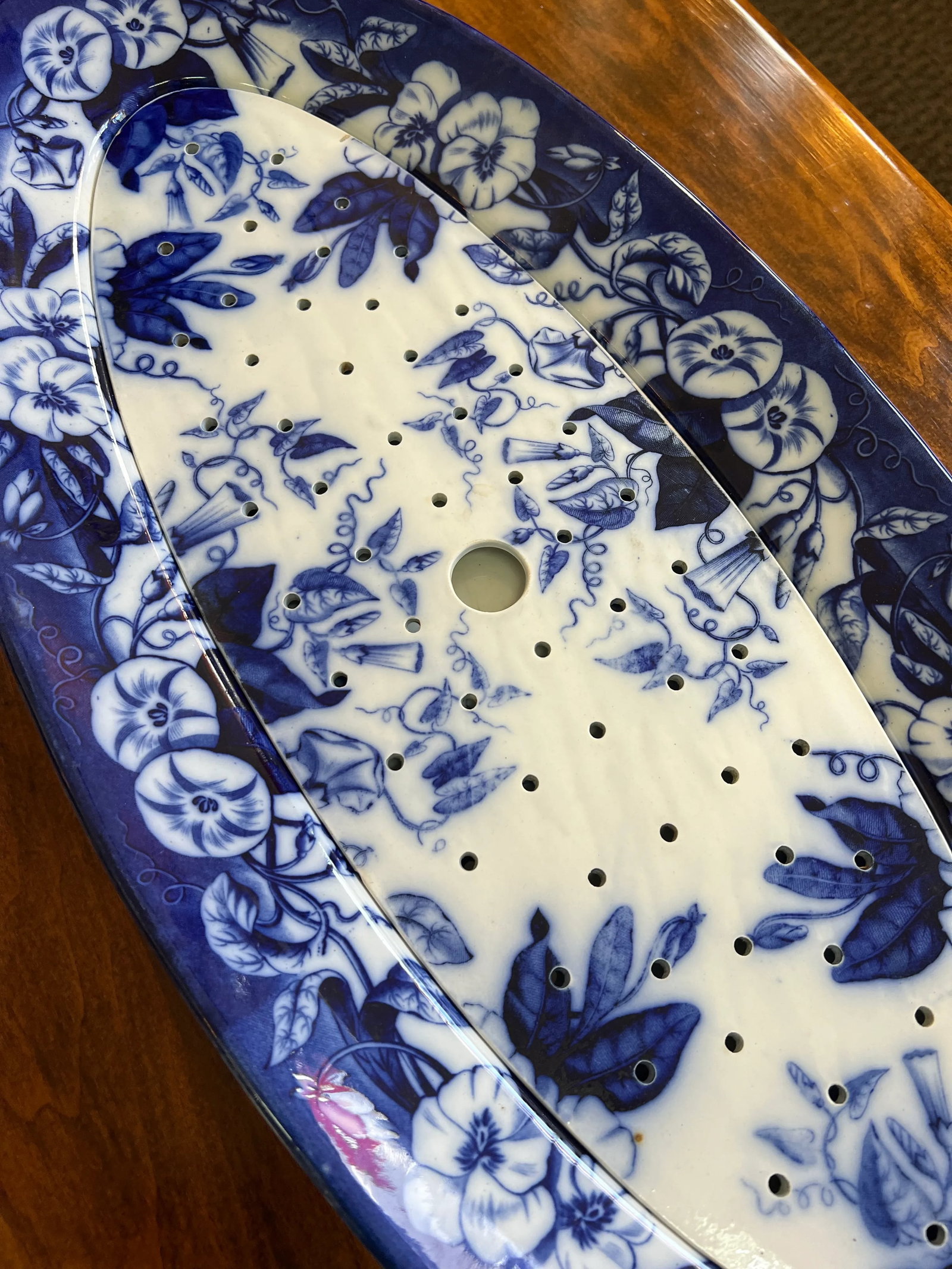 David Johnston Versailles France Mid 19th Century Flow Blue Morning Glory Fish Platter With Insert - 11