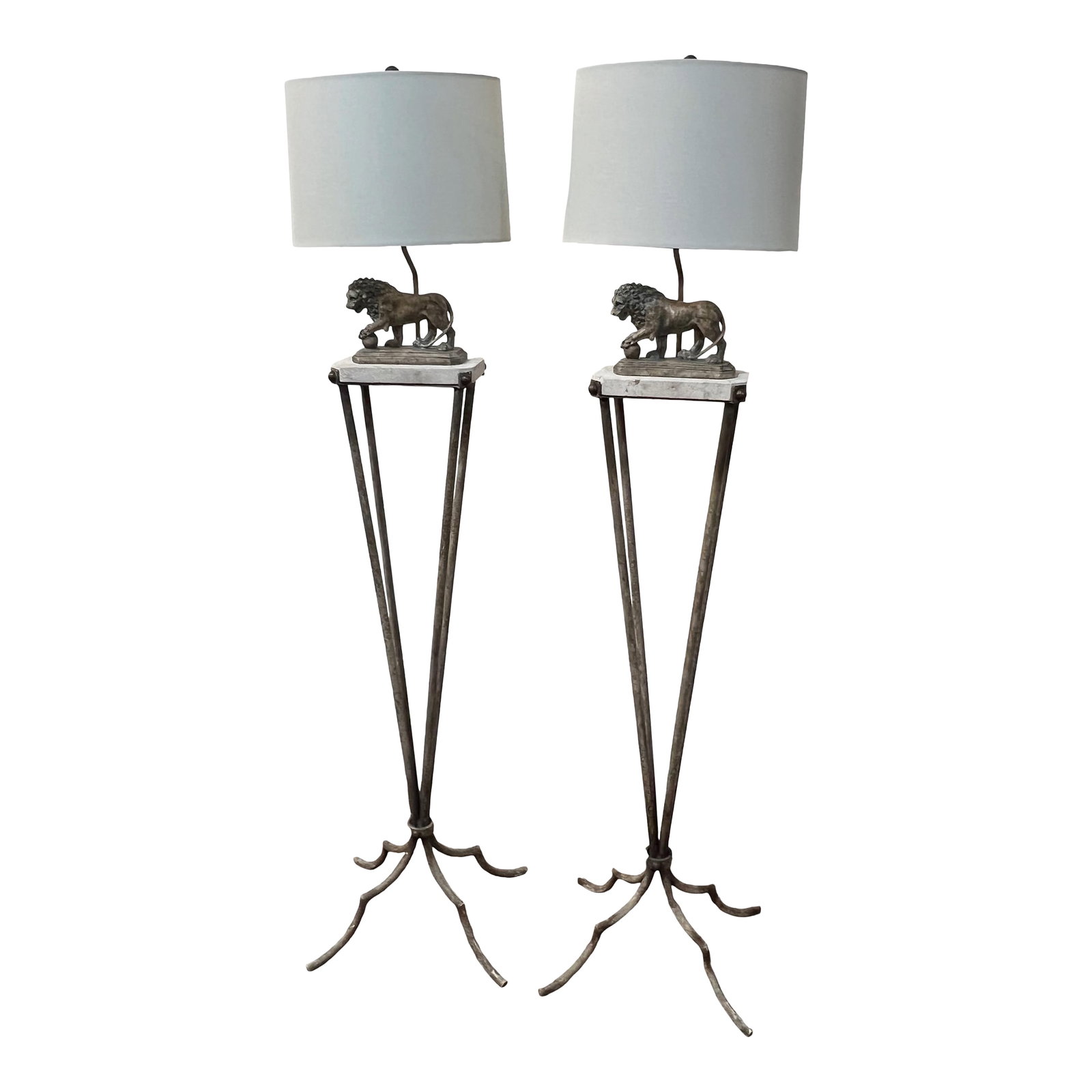 Mid Century Modern Floor Lamp Lion and Marble Motif: Elegant Medici floor lamp made of iron and marble with lion motif, attributed to Maitland-Smith 1980's vintage This is a gorgeous matching set. One lamp has a small chip in the marble, please see