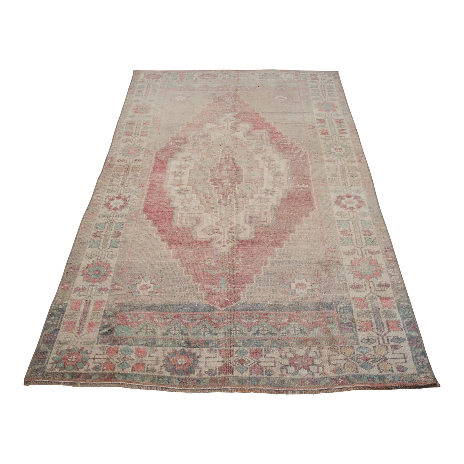 Distressed Turkish Rug Hand Knotted Vintage Low Pile Muted Color Anatolian Area Rug - 3"²: This is a beautiful vintage hand knotted distressed finish rug from Turkey. It has primary colors on green-cyanish gray field. This rug would be an easy to work with in just about any setting.