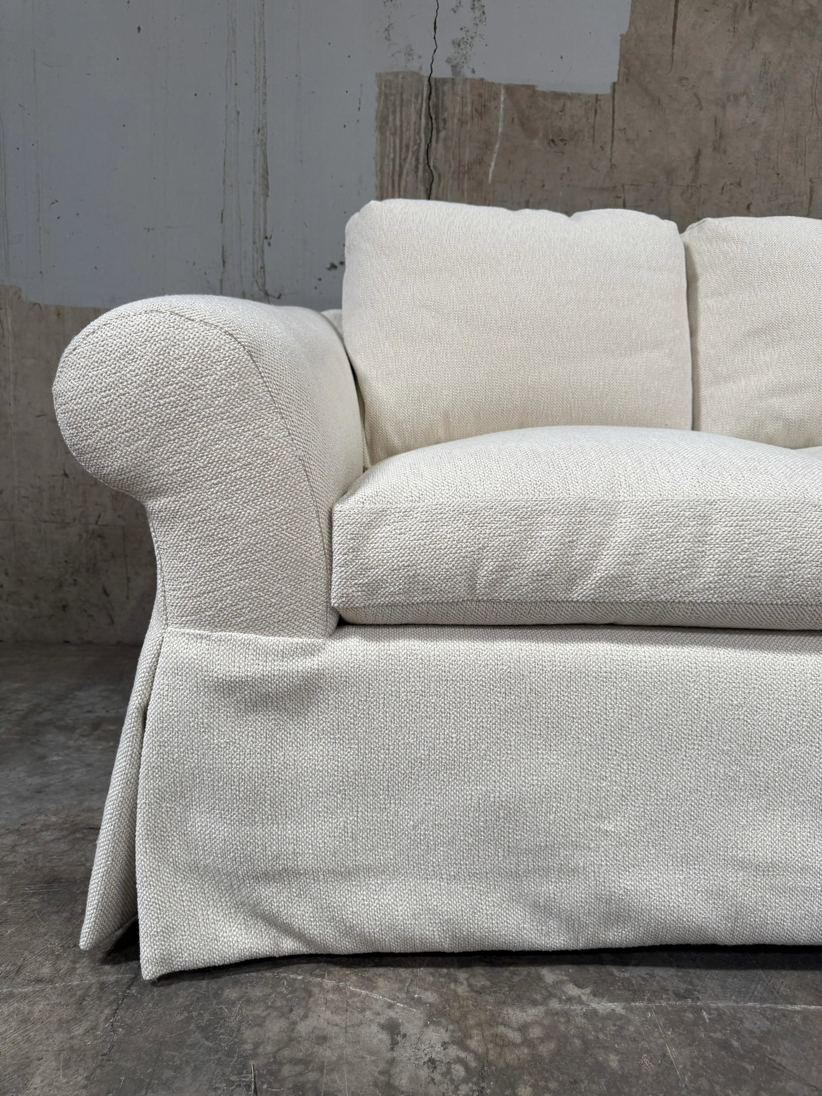 Custom Designer Sourced White Sofa – Rolled Arm, Skirted Base - 7
