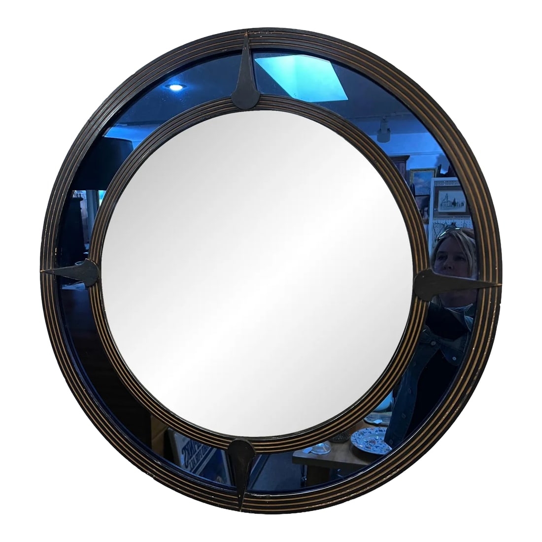 Art Deco Round Convex Cobalt Blue Glass Mirror (1 of 9)