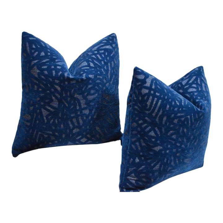 Pair of Luna Textiles "Boomerang" Blue Custom Pillows 22x22 In.: •Custom pair of square knife edge pillows 22 x 22 in. •Luna Textiles "Boomerang" Performance Fabric in Deep Cobalt Blue (can also be described as bright navy). "•Textured chenille