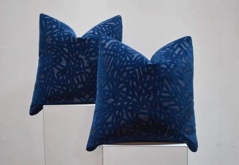 Pair of Luna Textiles "Boomerang" Blue Custom Pillows 22x22 In. - 2