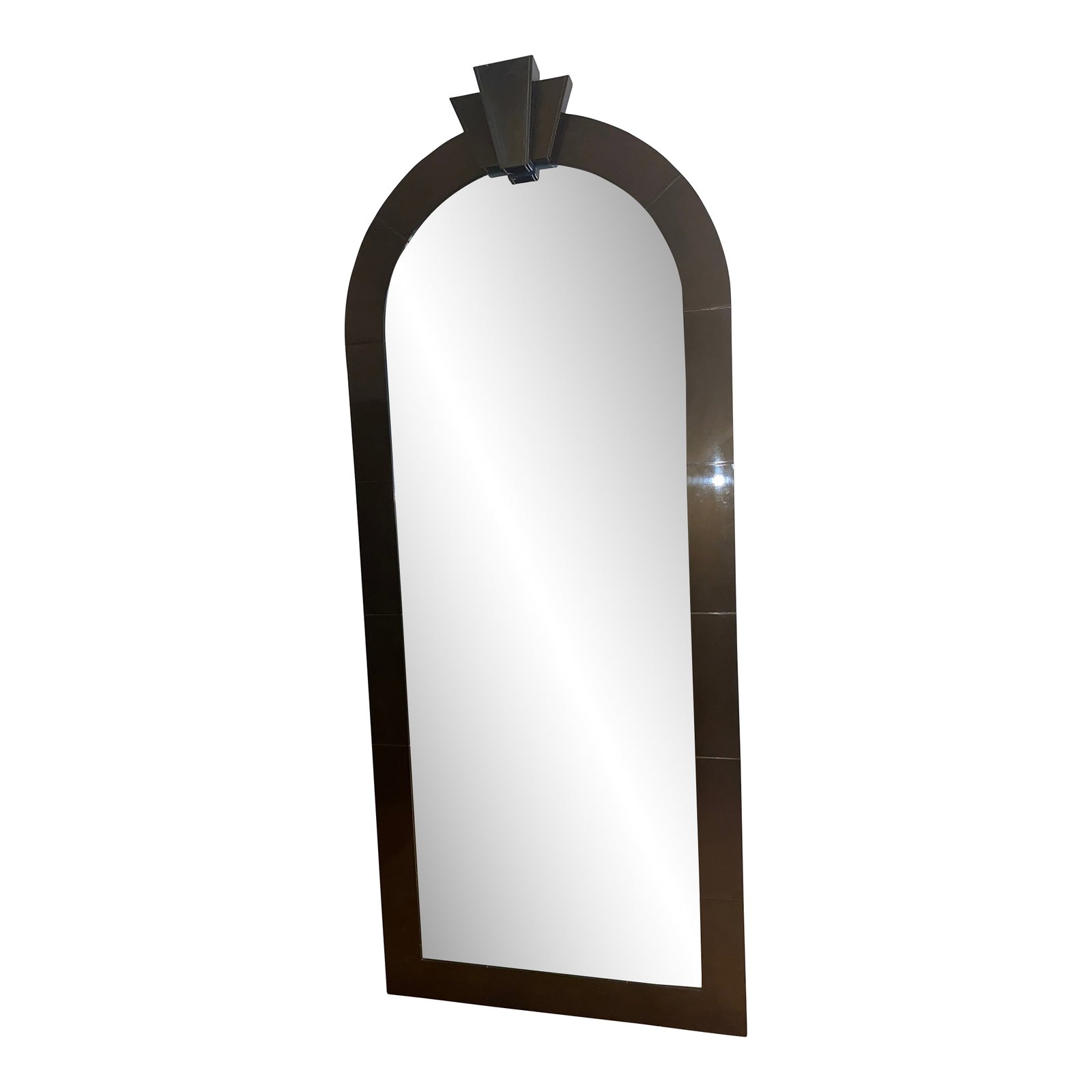 Monumental Art Deco Arched Floor or Tall Wall Mirror: Large scale tall floor mirror in the style of Karl Springer having art deco dome arch. Patina is a metallic brown. Overall depth including crown 4.25 MD Condition: Alterations: Original Condition Unal