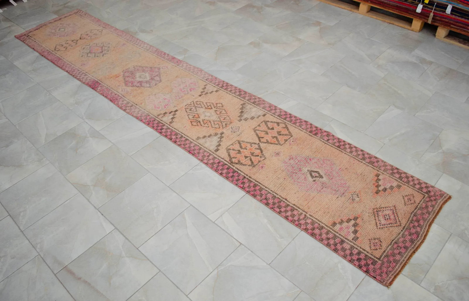 Kurdish Runner Herki Rug. Hand-Knotted Tribal Pink Hallway Rug - 2"²6"³ × 13"² - 11