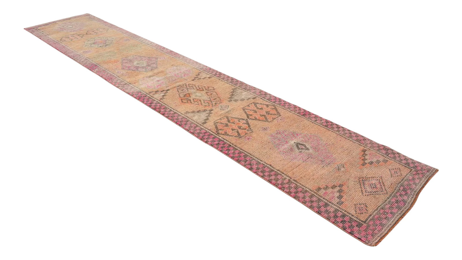 Kurdish Runner Herki Rug. Hand-Knotted Tribal Pink Hallway Rug - 2"²6"³ × 13"²: Add a touch of vintage charm to your hallway with this beautiful 3x14 Runner Rug! Handmade with care, this Oushak Rug features intricate tribal Turkish designs that will bring warmth and style to