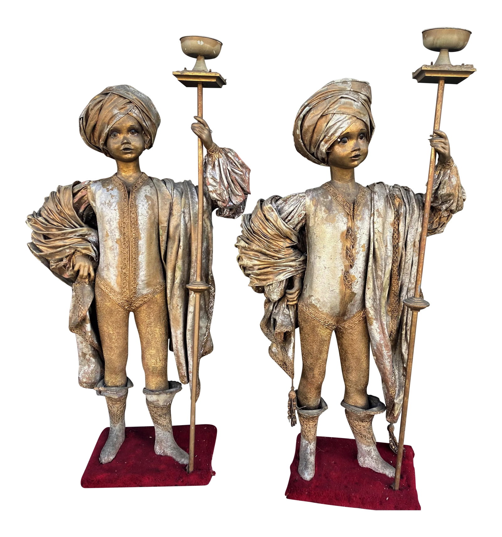 Theatrical Middle Eastern Child Size Figures W/Gold Costumes Turban Torches - A Pair: This is an adorable pair of child sized figures in ornate Middle Eastern style costumes including torches, turbans, boots and a shawl. I don't know where they came from but they look like they were