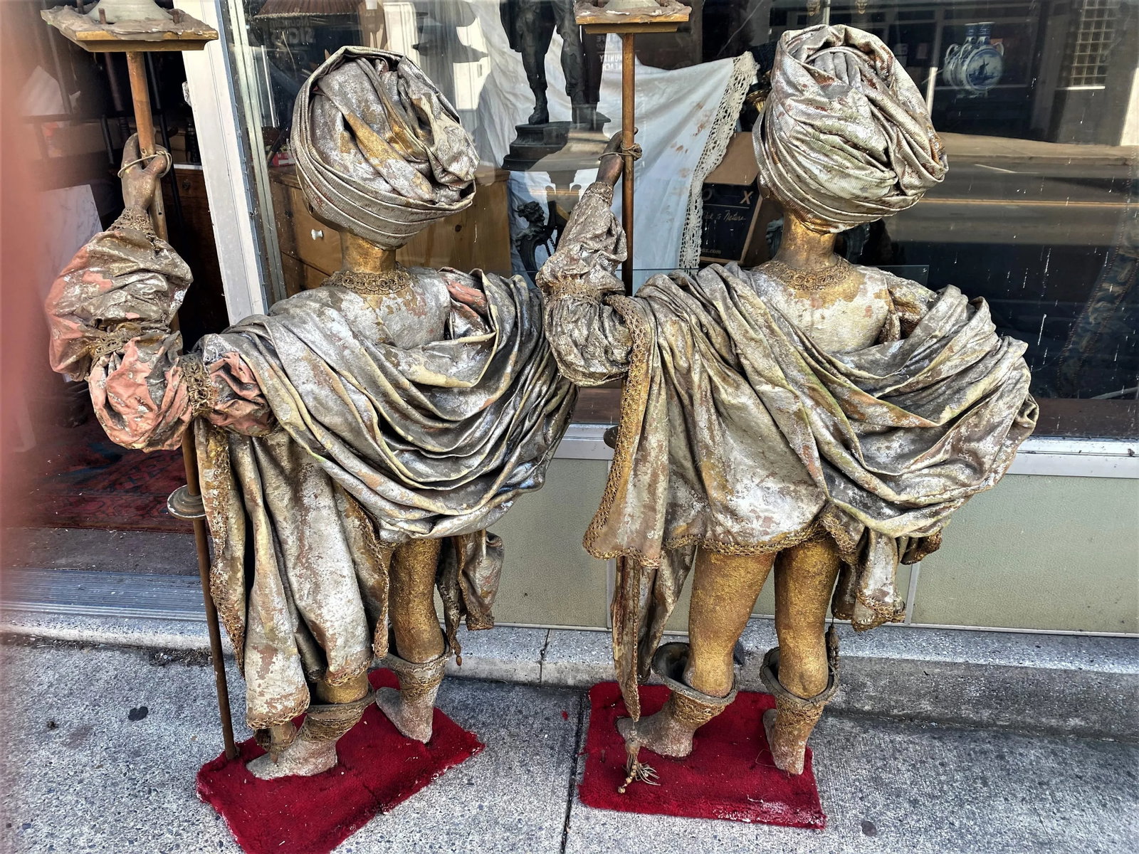 Theatrical Middle Eastern Child Size Figures W/Gold Costumes Turban Torches - A Pair - 8