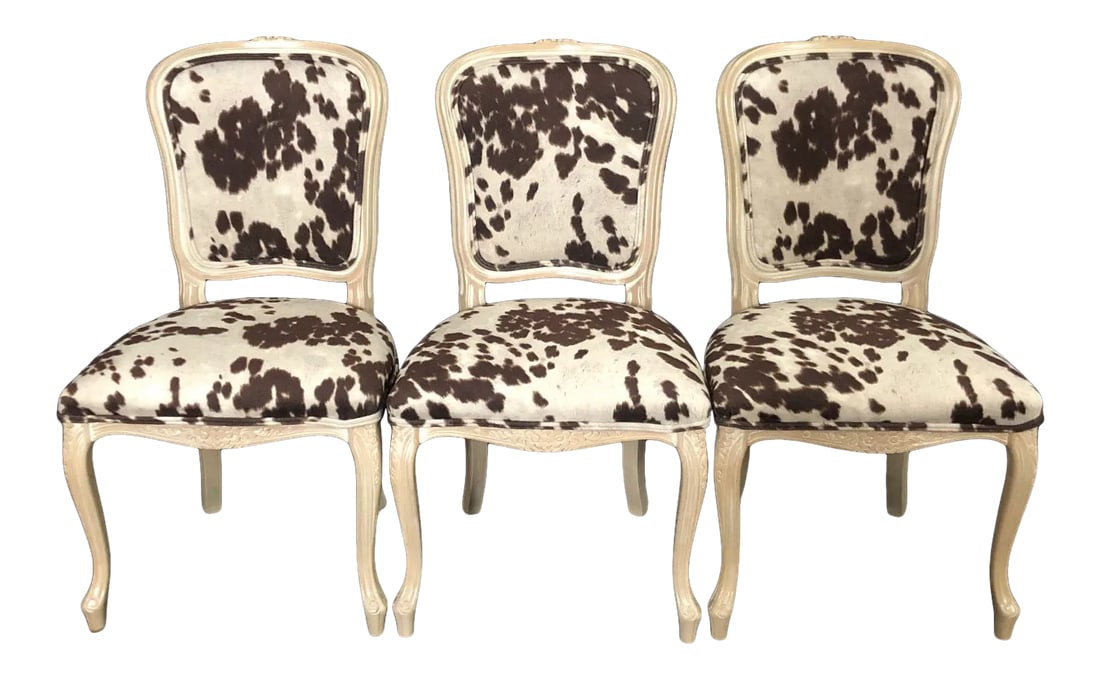 Louis XV Style Bleached Wood Chairs With Faux Hide Upholstery -Set of 3: Stylish spin on classic set of 3 petite Louis XV style bleached carved wood chairs having chic high end faux hide upholstery with double piping detail. seat height 19 #5115 Condition: Alterations: