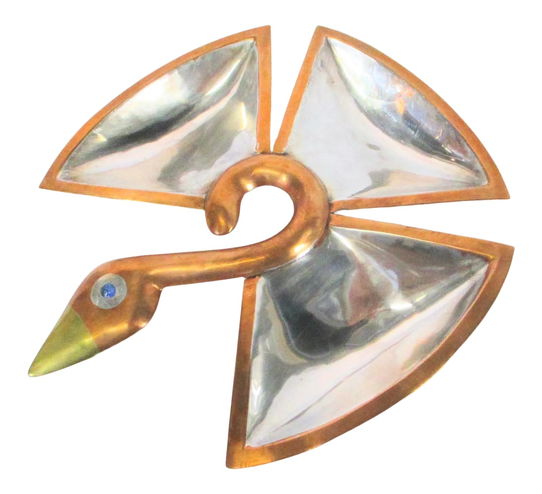 Los Castillos Silver and Copper Center Bowl Vintage 1960s': Three-part center tray from Mexico by Los Castillios vintage 1960s'. shallow bowl trays joined by a central handle to a variety of offerings. S scroll handle with Abstracted Duck head with brass bill