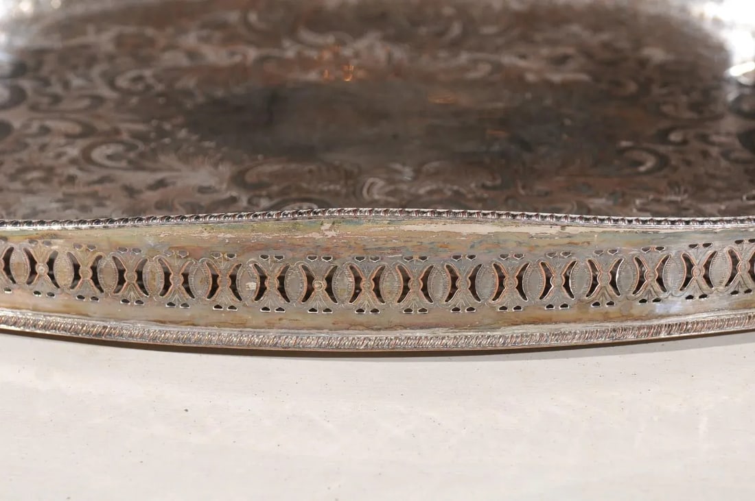 Antique English Edwardian Period Silverplate Tray with Pierced Motifs & C-Scrolls - 11