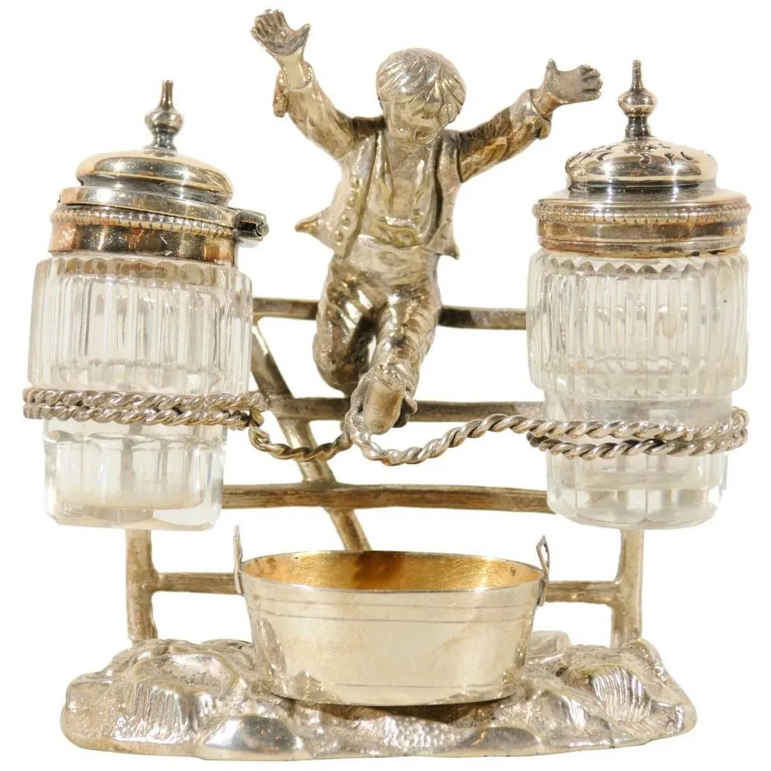 Circa 1873 English Silverplate Cruet Set of Young Boy Leaping in the Air - 11