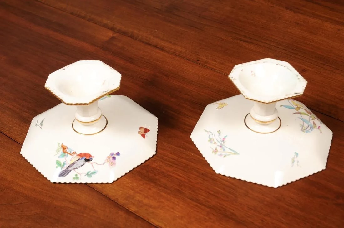 French 19th Century Porcelain Painted Birds & Flowers Compotes- a Pair - 10