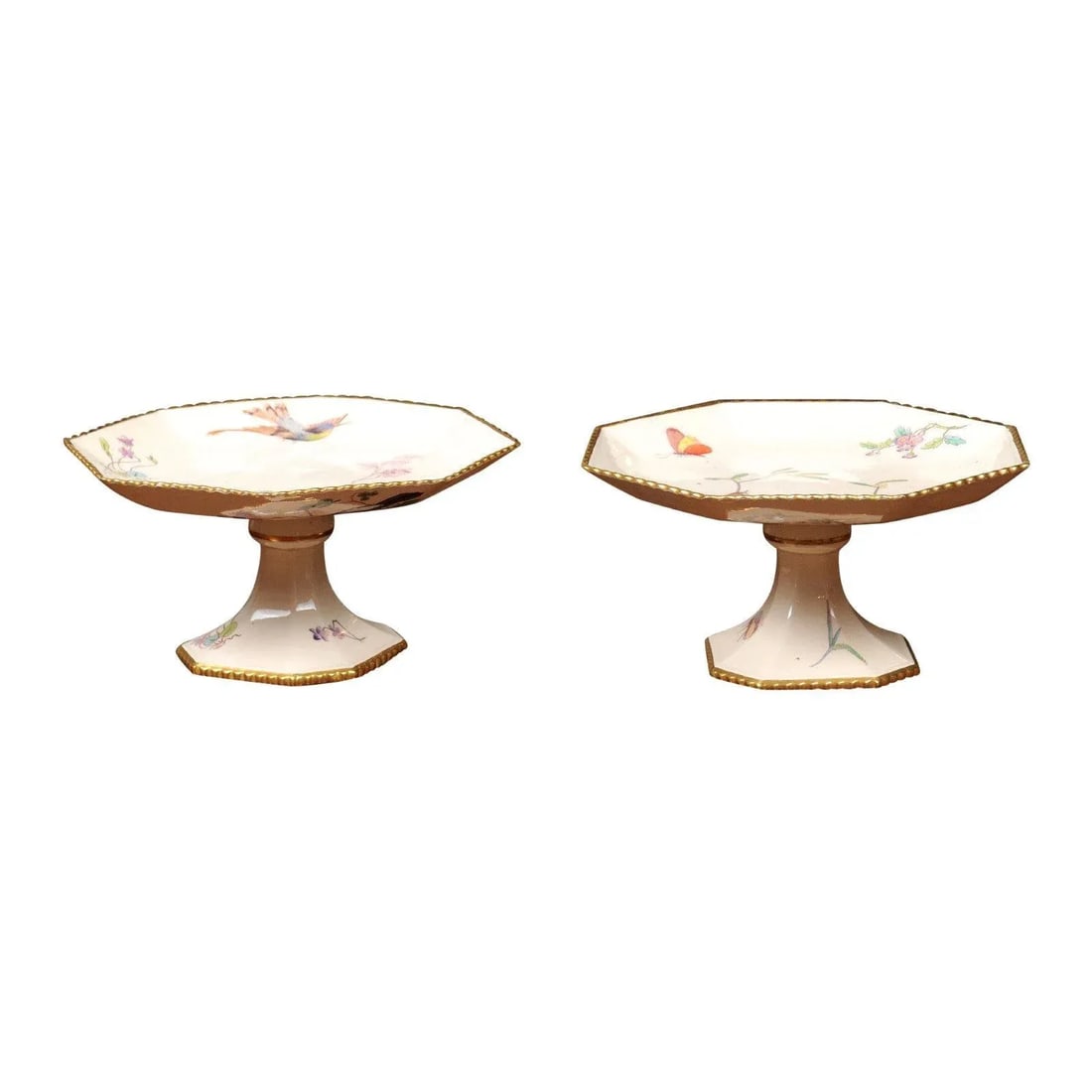 French 19th Century Porcelain Painted Birds & Flowers Compotes- a Pair - 12