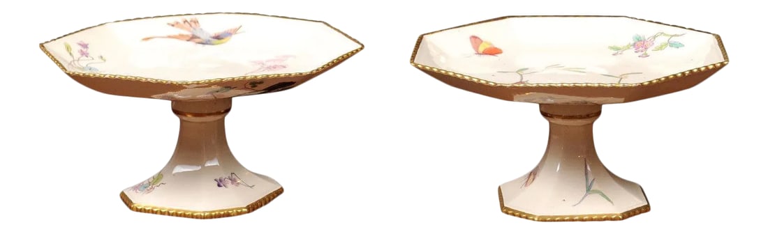 French 19th Century Porcelain Painted Birds & Flowers Compotes- a Pair (1 of 12)