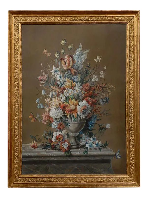 Early 19th Century French Empire Period Floral Still Life Pastel and Gouache Painting, Framed: A French Empire period floral pastel and gouache painting from the early 19th century, in giltwood frame. This French painting features an exquisite depiction of a bouquet of flowers set inside a