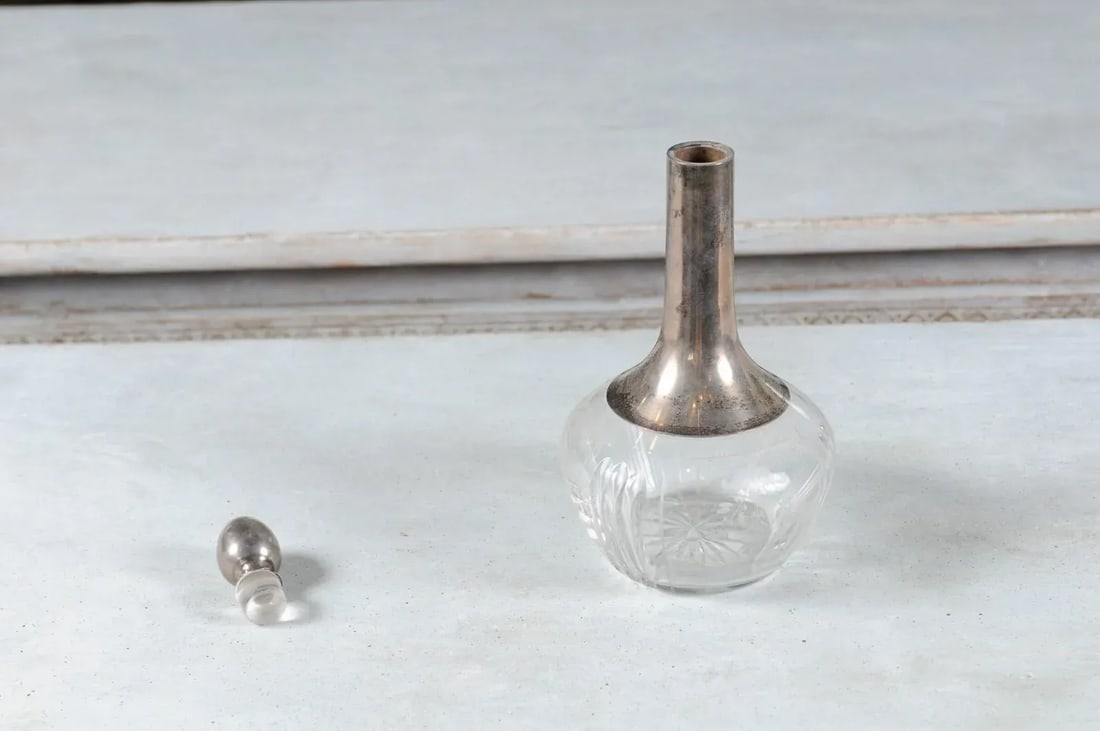 Danish Crystal and Silver Decanter with Stopper and Foliage Engraved Body - 11