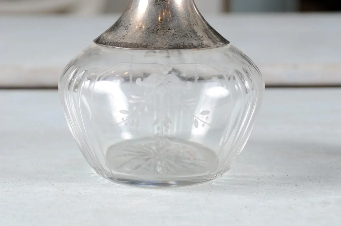 Danish Crystal and Silver Decanter with Stopper and Foliage Engraved Body - 12