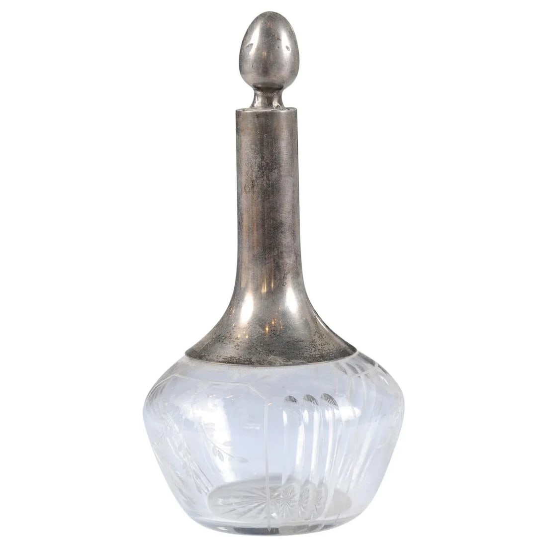 Danish Crystal and Silver Decanter with Stopper and Foliage Engraved Body - 13