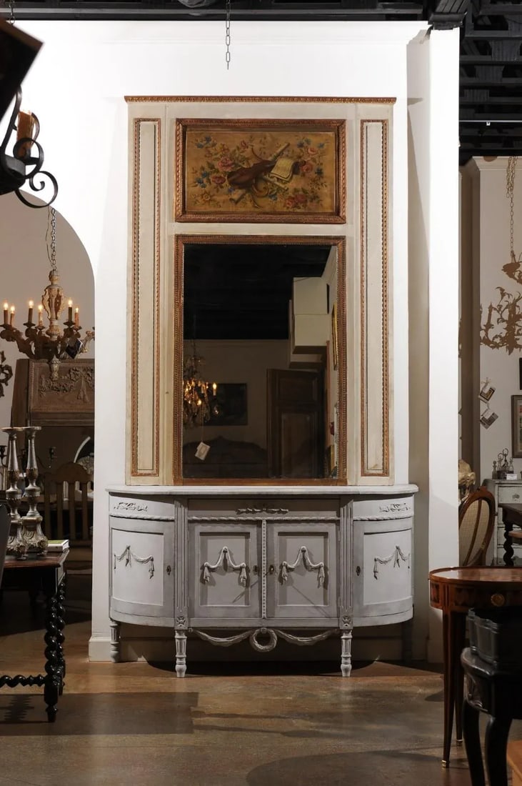 1860s Parisian Louis XVI-Style Trumeau Mirror with Painted Musical Instruments - 10