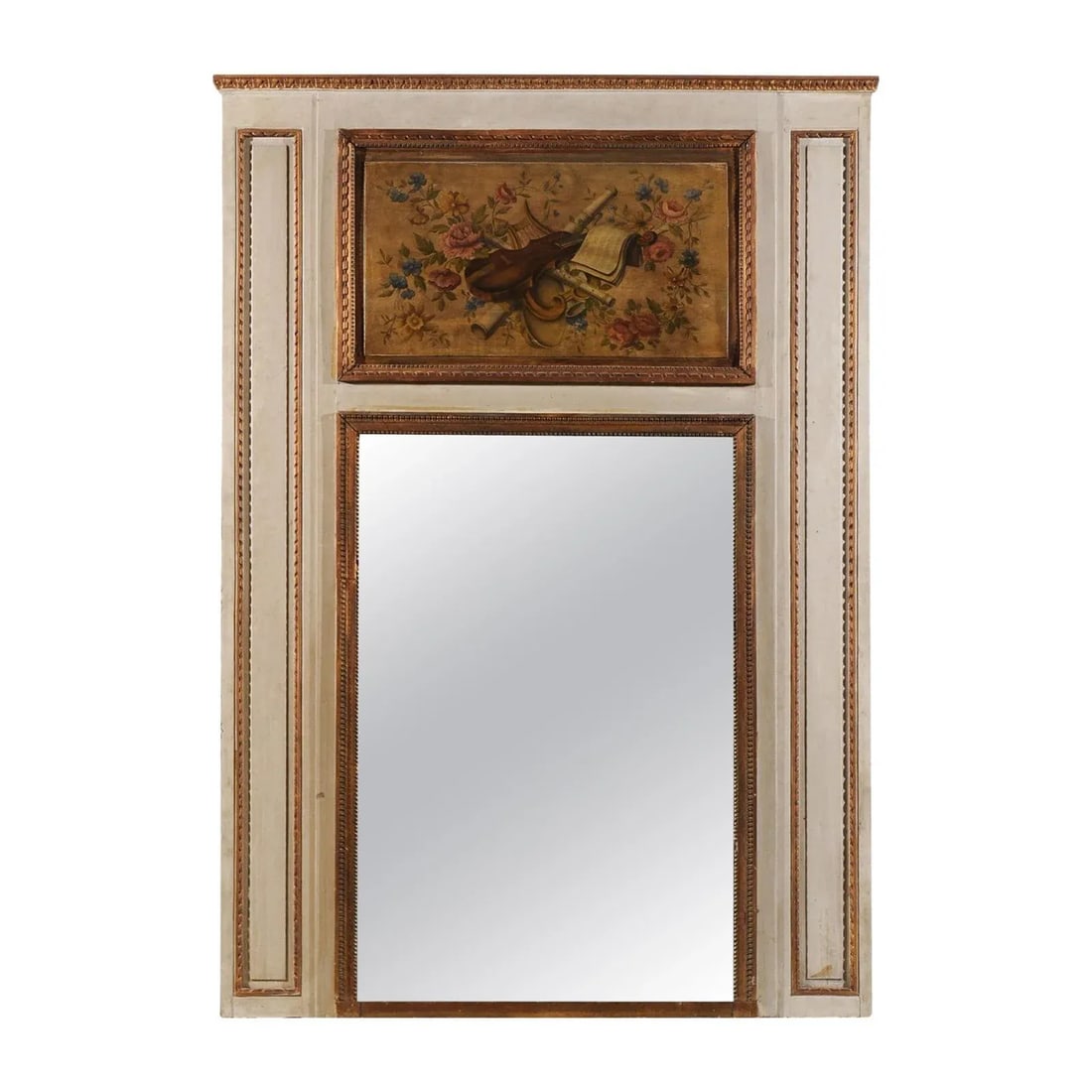 1860s Parisian Louis XVI-Style Trumeau Mirror with Painted Musical Instruments - 12
