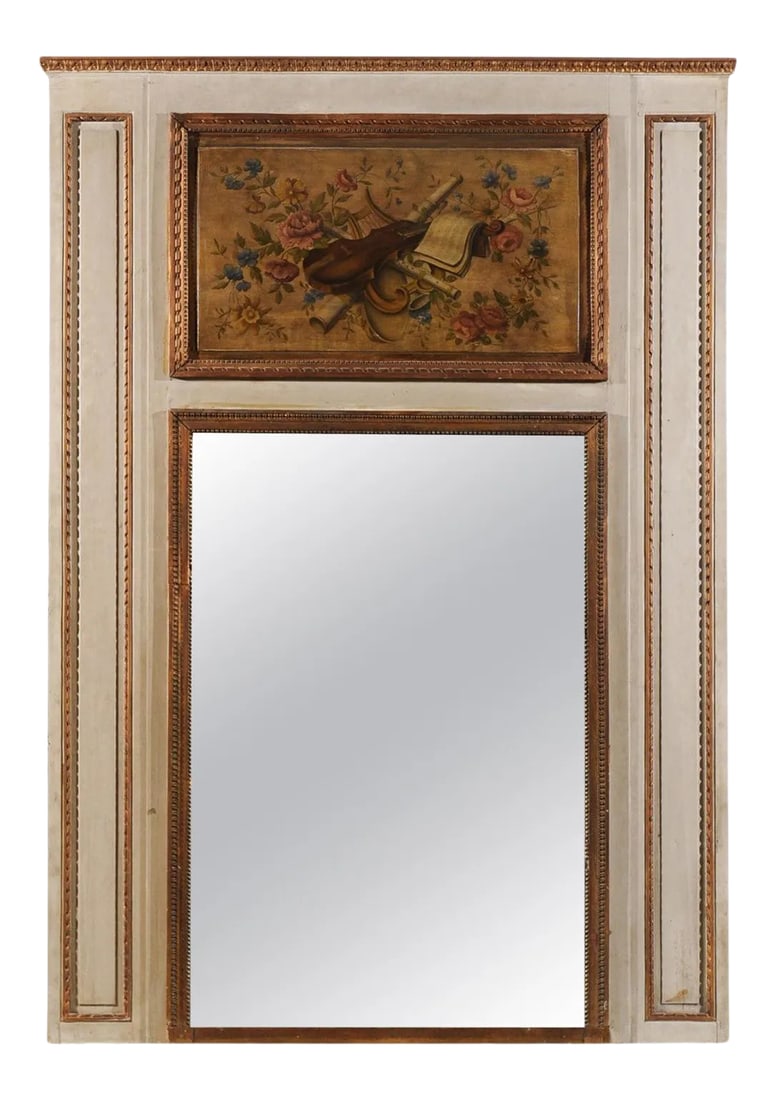 1860s Parisian Louis XVI-Style Trumeau Mirror with Painted Musical Instruments: A French Parisian Louis XVI style painted wood trumeau mirror from the mid-19th century, with musical instruments. Born in Paris during the reign of Emperor Napoleon III, this painted trumeau mirror