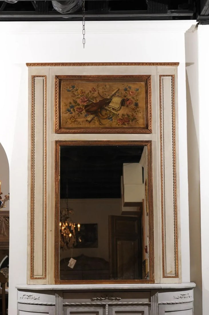 1860s Parisian Louis XVI-Style Trumeau Mirror with Painted Musical Instruments - 9