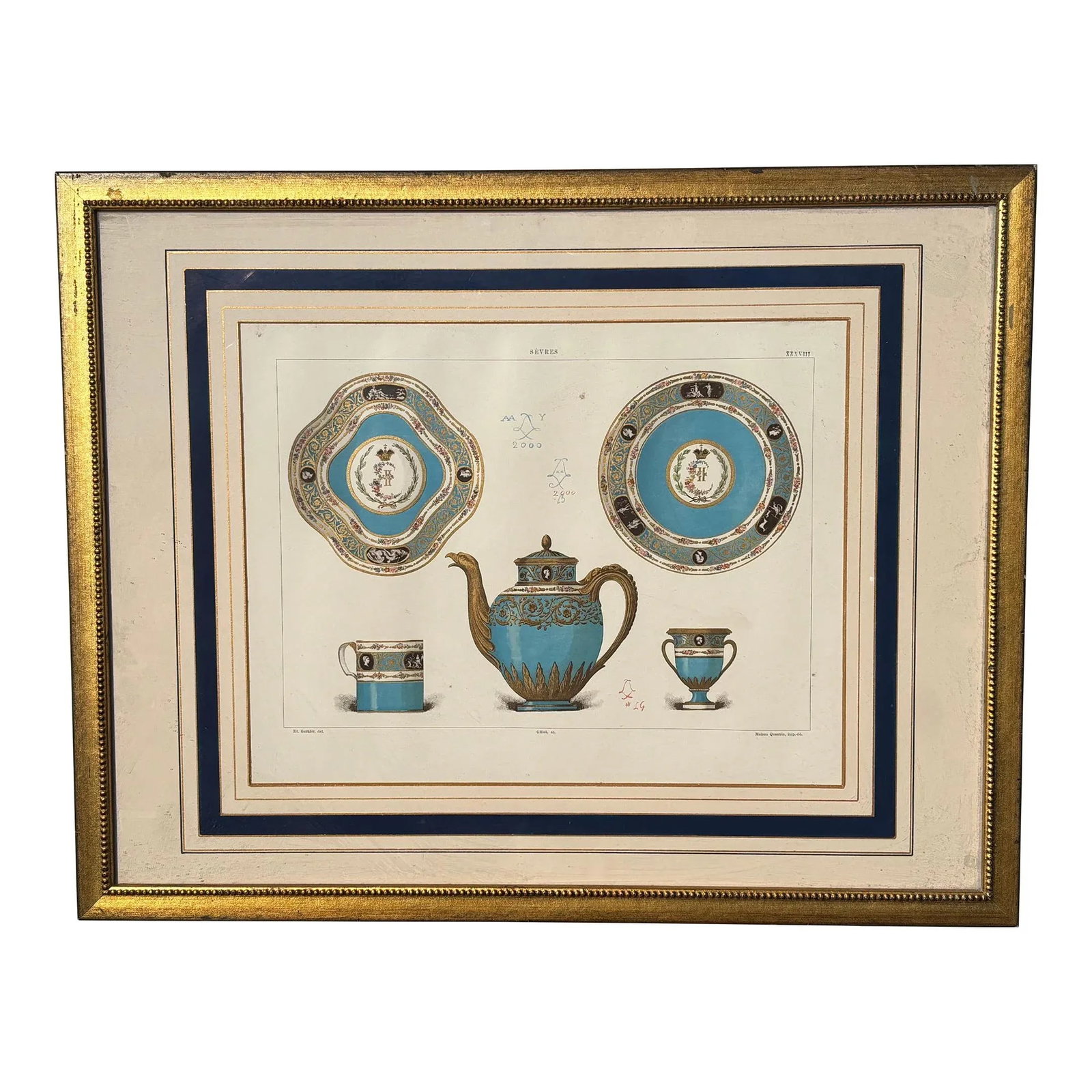 Original 19th C. French Print - Sevres Porcelains - Exceptional Color and Detail: Le Porcellaine Peuche de Sevres Exceptional 19th C. French chromo lithograph print in a very fine artisan gilt frame and hand drawn mat. Purchased from a gallery in Rome, Italy - dated Paris, 1894
