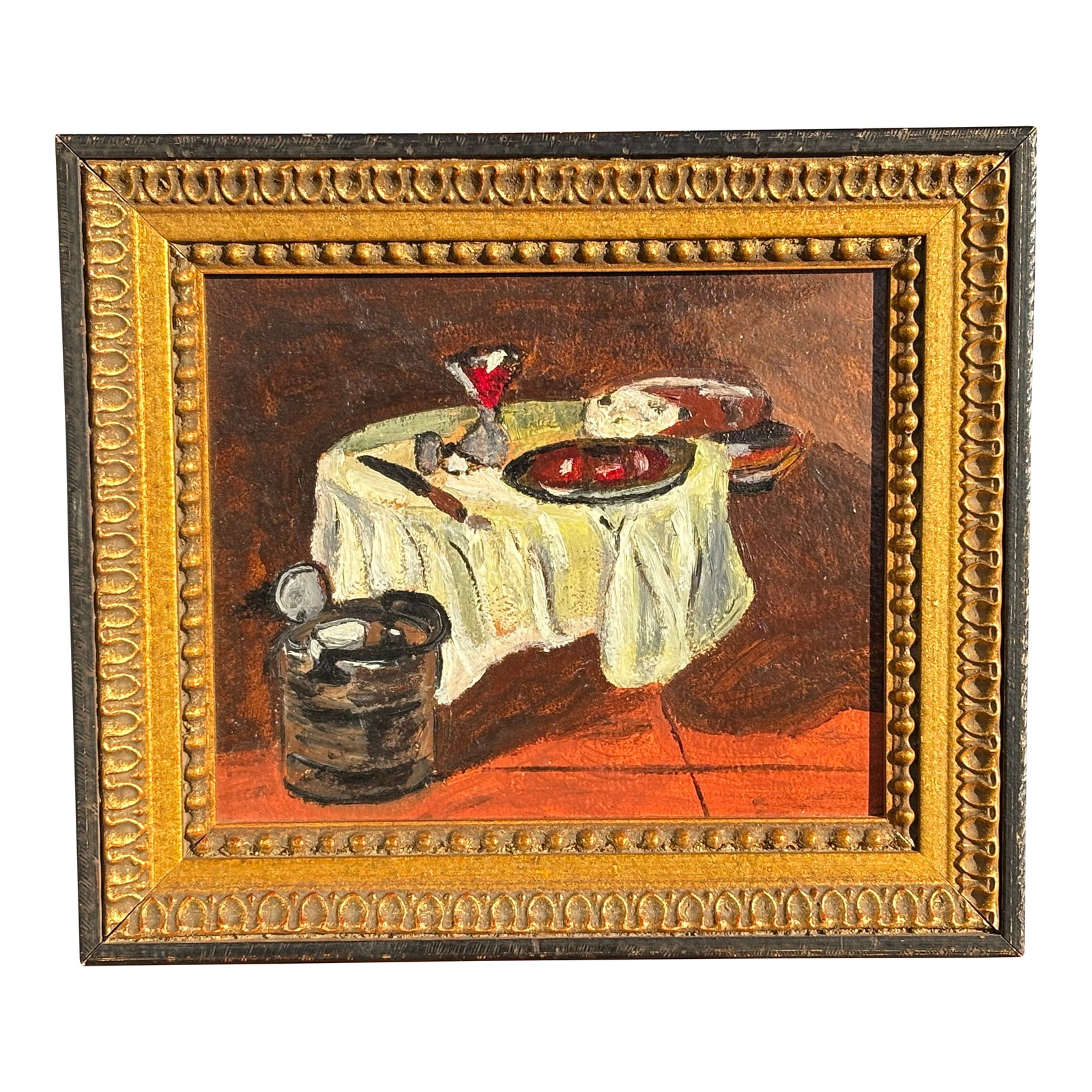 Charming Mid-20th C. American Original Oil on Board - Brooklyn, Nyc: Mid 20th C. Original Oil on Board - a lovely still life cocktail table from Silver's Art Shop - Brooklyn Brooklyn, New York City provenance - a gallery on Coney Island Avenue, no less! 8.5" tall by