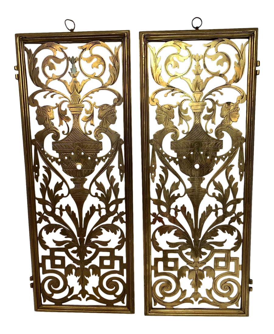 Vintage Pierced and Etched Brass Panels -A Pair: Beautiful pair of rectangular vintage etched and cut out brass panels having figural busts, urns and curlicues in an elaborate symmetrical design. Condition: Alterations: Original Condition Unaltered