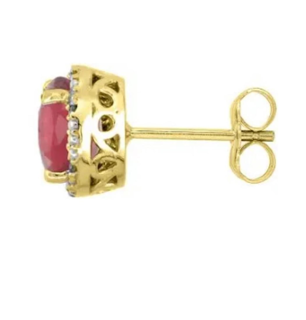 1 Carat Oval Natural Ruby and Diamond Stud Post Earrings 14 Karat Yellow Gold - 18