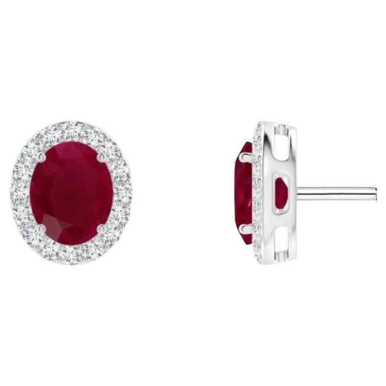 1 Carat Oval Natural Ruby and Diamond Stud Post Earrings 14 Karat White Gold - 15