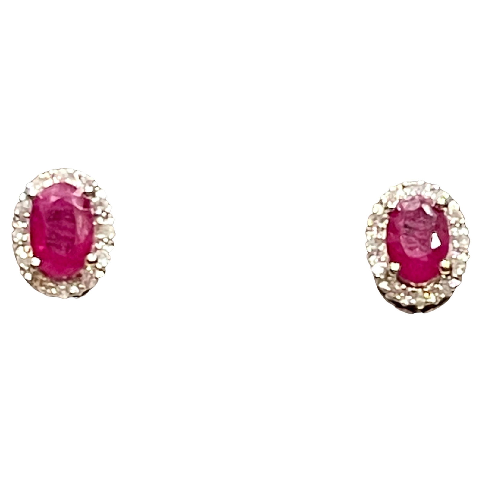 1 Carat Oval Natural Ruby and Diamond Stud Post Earrings 14 Karat White Gold - 18