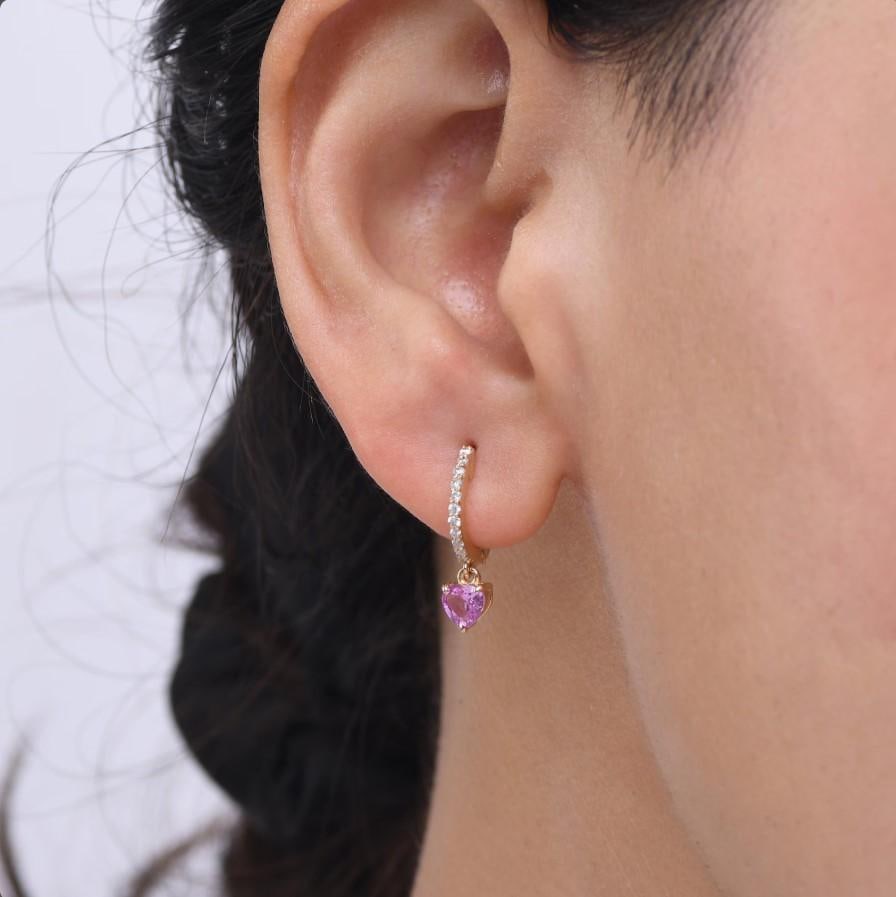 0.73 cts Natural heart pink sapphire and 0.12 cts diamond earrings in 18k gold - 9