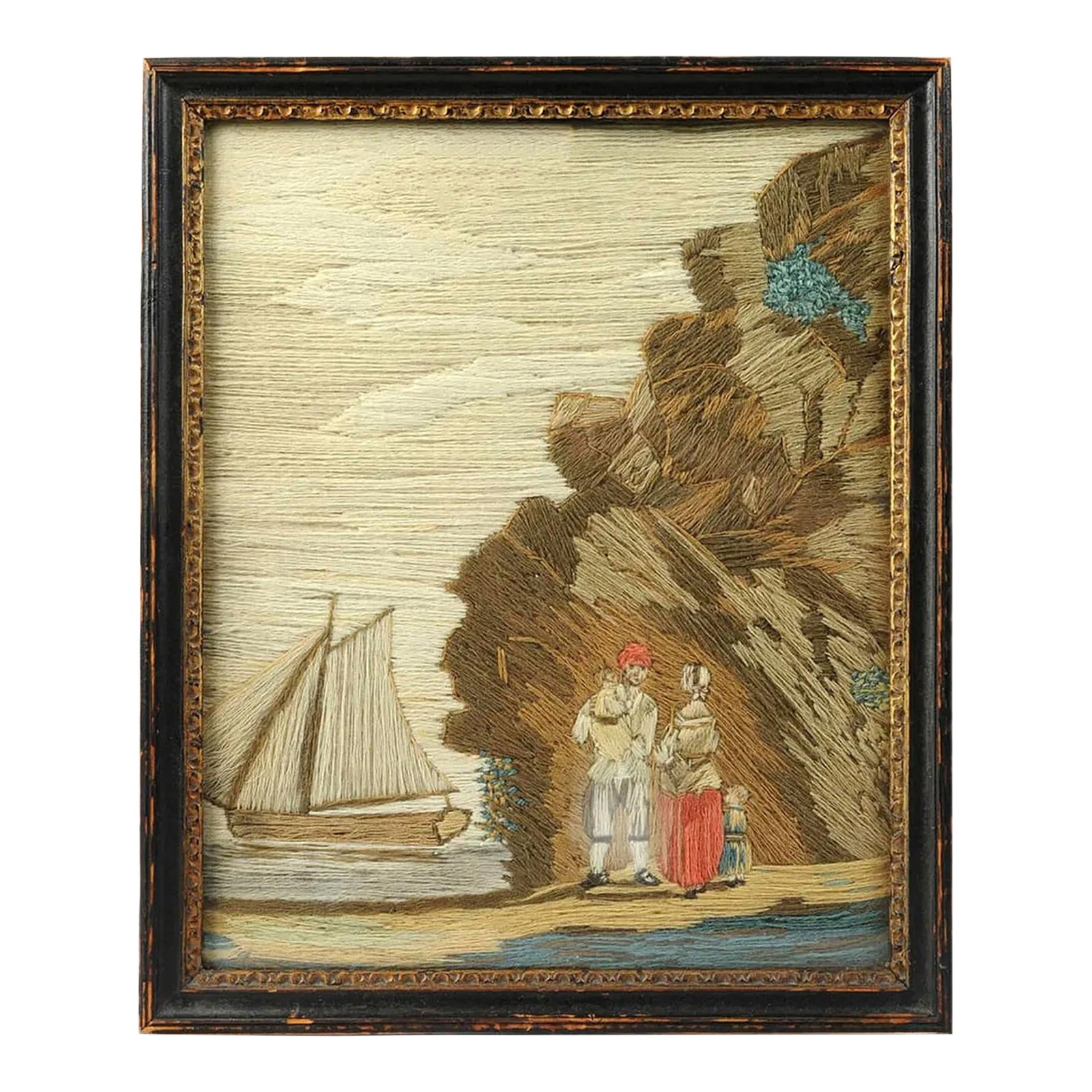 British Woolwork of a Family of Man, Wife and Child on the Seashore With Ship in Bay (1 of 7)