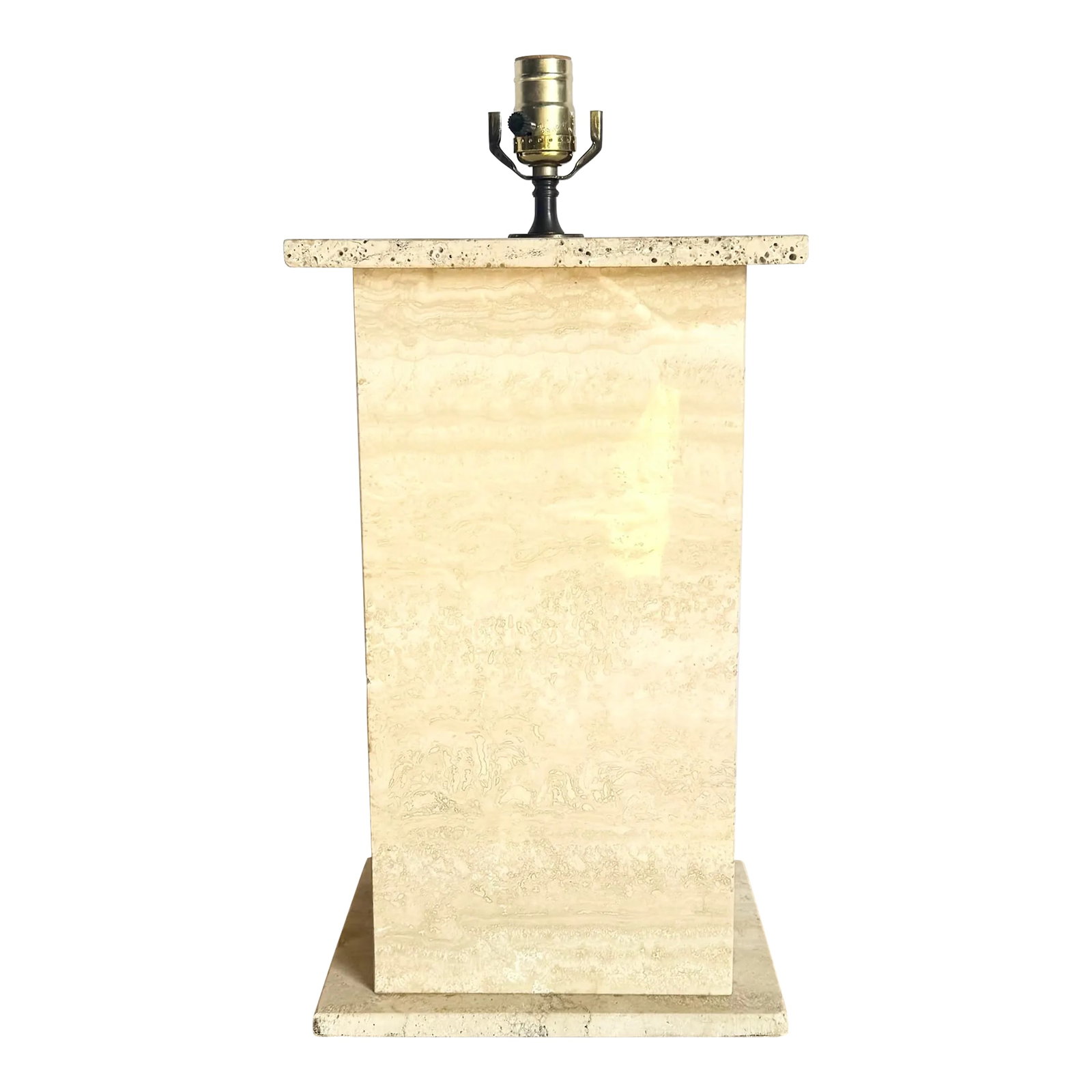 Vintage Travertine Table Lamp: This sculptural travertine table lamp showcases a clean, modern silhouette crafted from beautifully veined natural stone. The solid pedestal form highlights layered cream and beige tones, giving the
