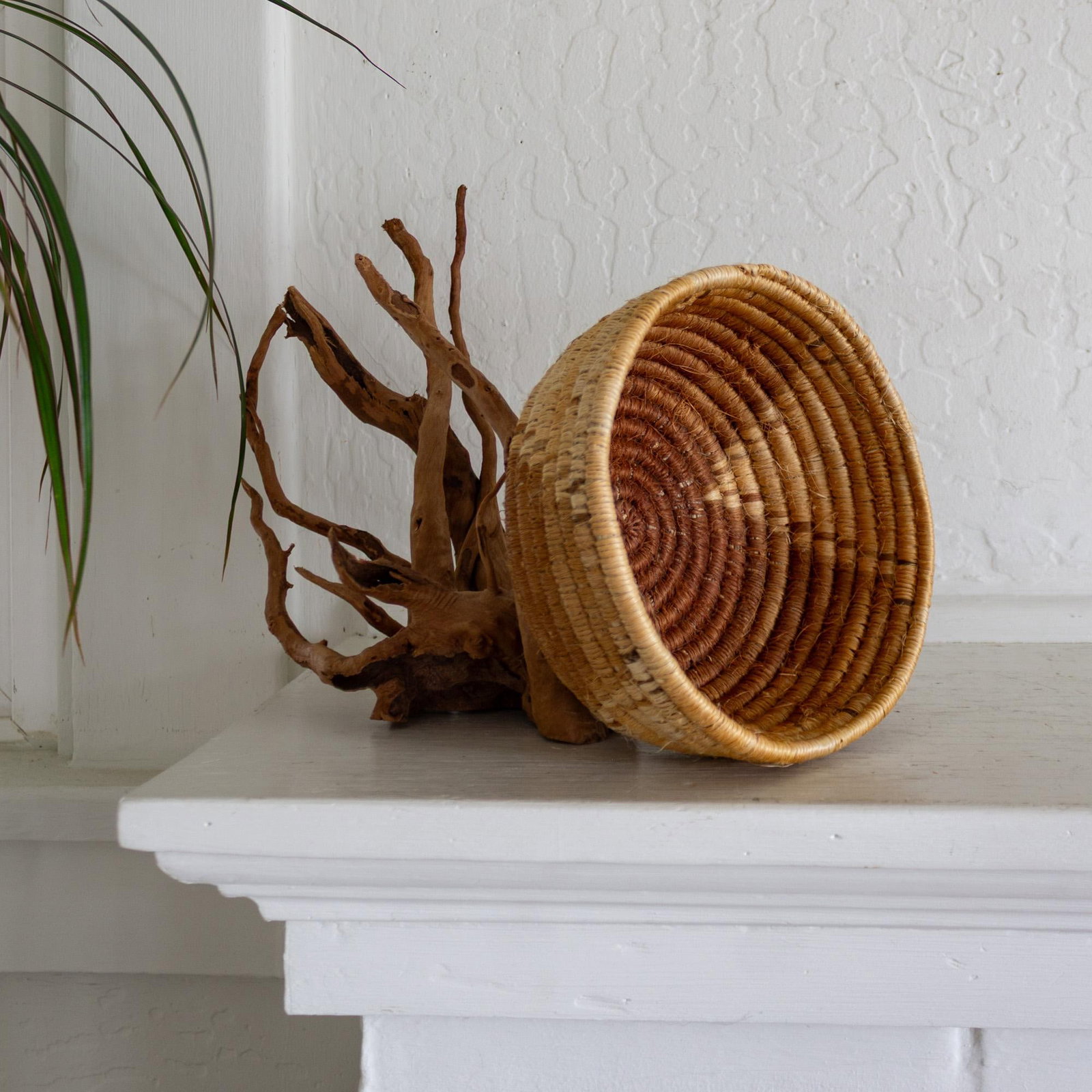 Native American Style Pine Needle and Natural Fiber Coil Basket or Bowl - 12