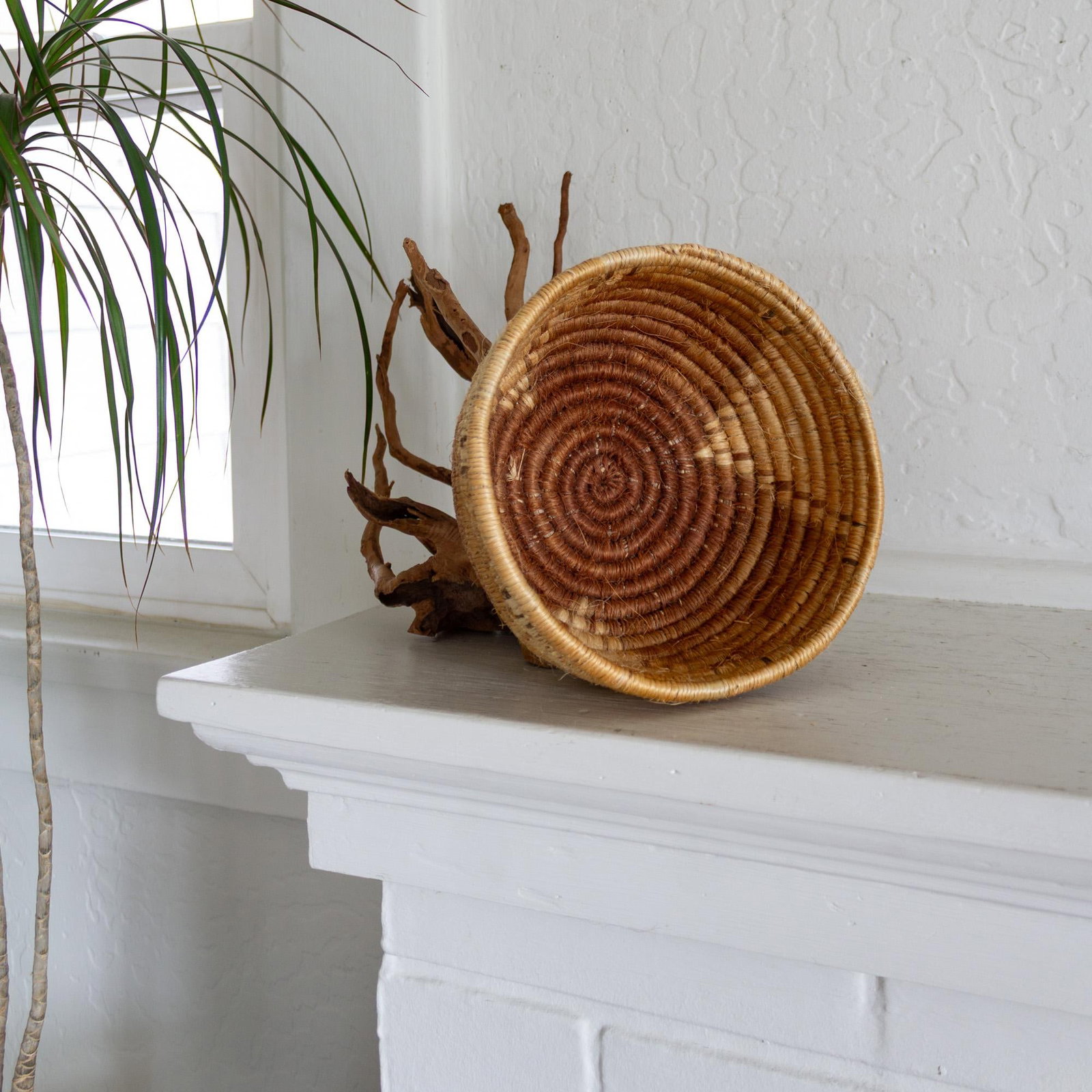 Native American Style Pine Needle and Natural Fiber Coil Basket or Bowl - 8