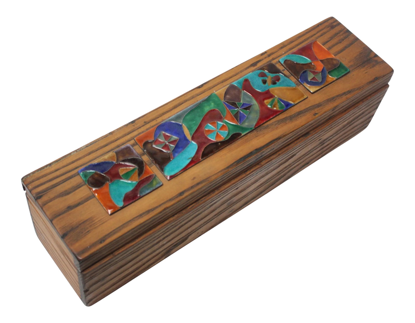 1940s Elizabeth Bensley Enamel and Zebrawood Decorative Box: This is a nice example of artist, Elizabeth Bensley's enamel work from the late 1940s contrasting a primitive, crudely assembled box with refined, expert enamel decoration. Note that the box top does