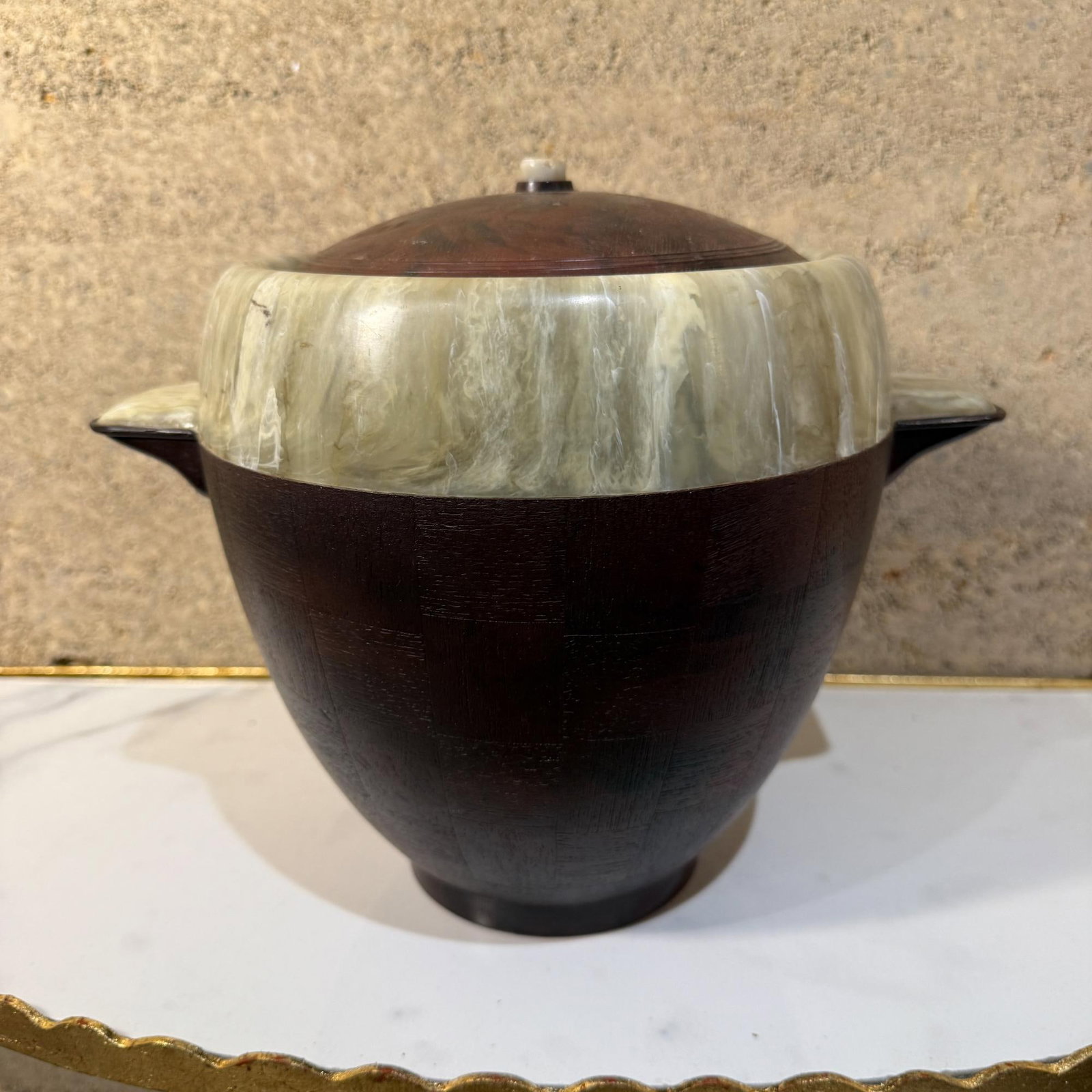 1950s Two-Tone Ice Bucket Faux Wood & Marble Mexico - 12
